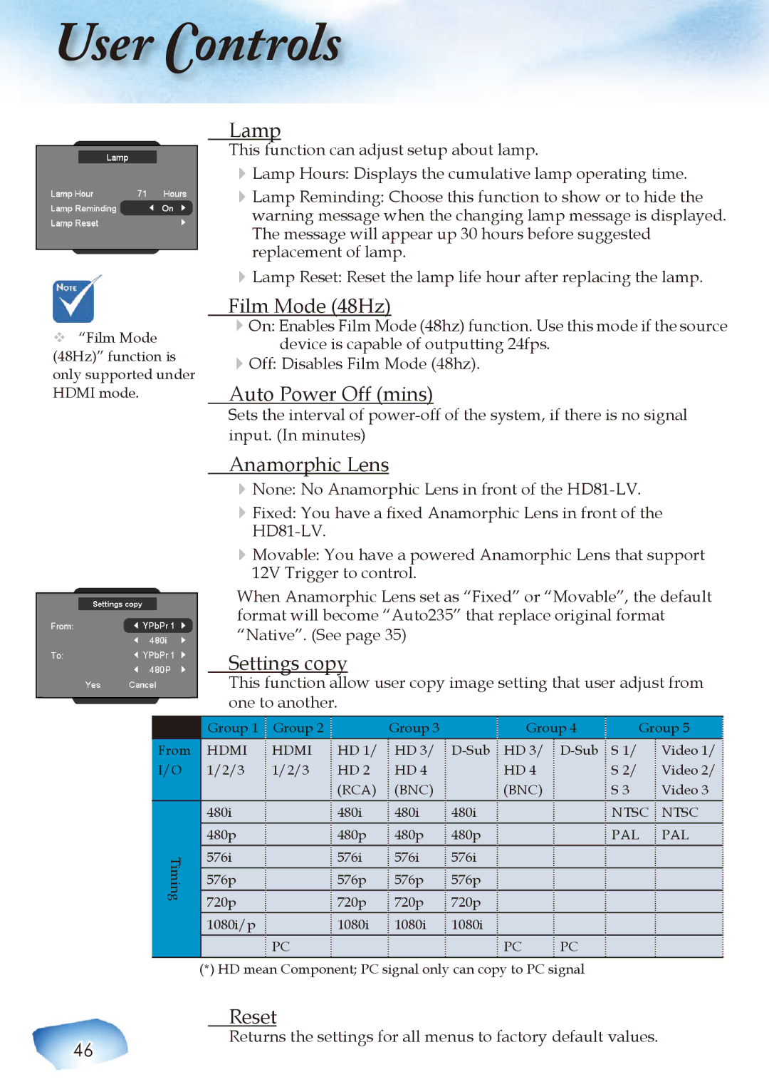 Optoma Technology Home Theatre Projector Lamp, Film Mode 48Hz, Auto Power Off mins, Anamorphic Lens, Settings copy 