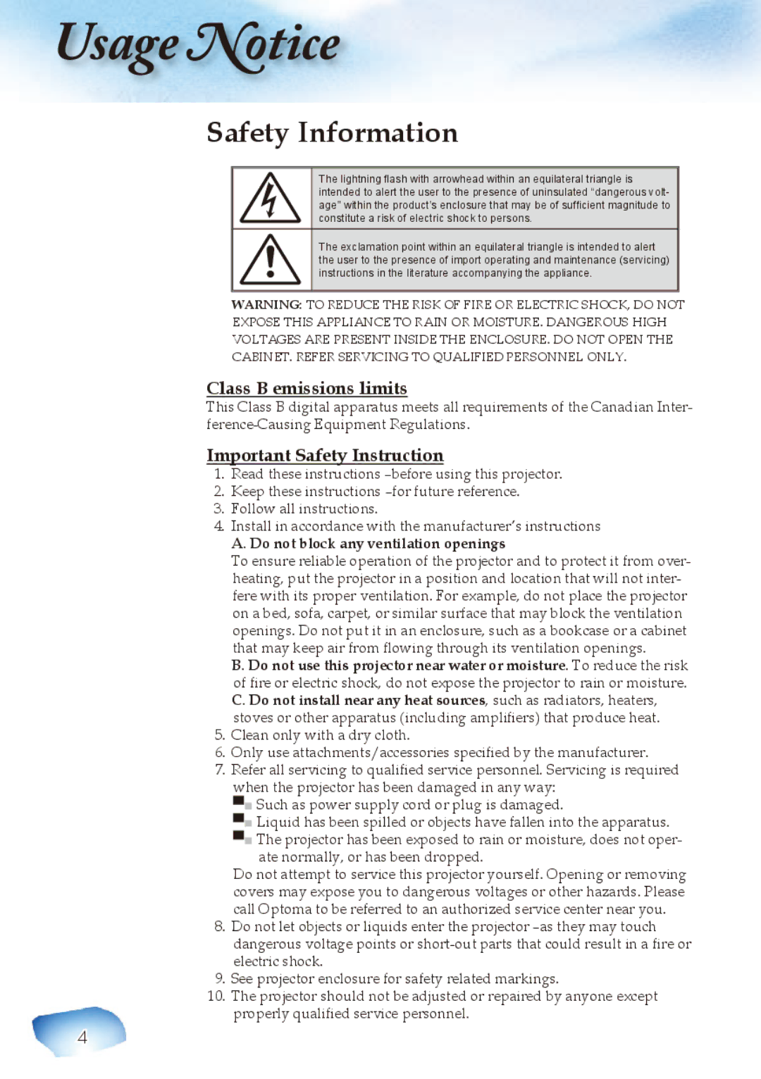 Optoma Technology Home Theatre Projector Safety Information, Class B emissions limits, Important Safety Instruction 