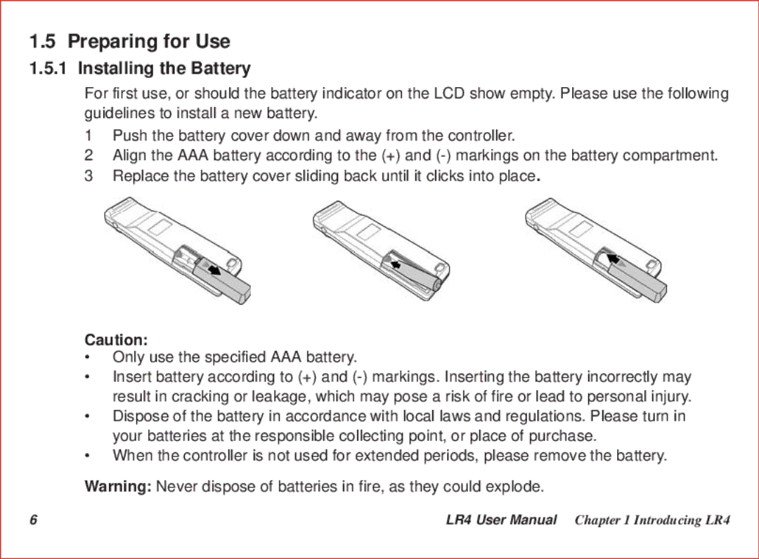 Optoma Technology LR4 user manual Preparing for Use, Installing the Battery 