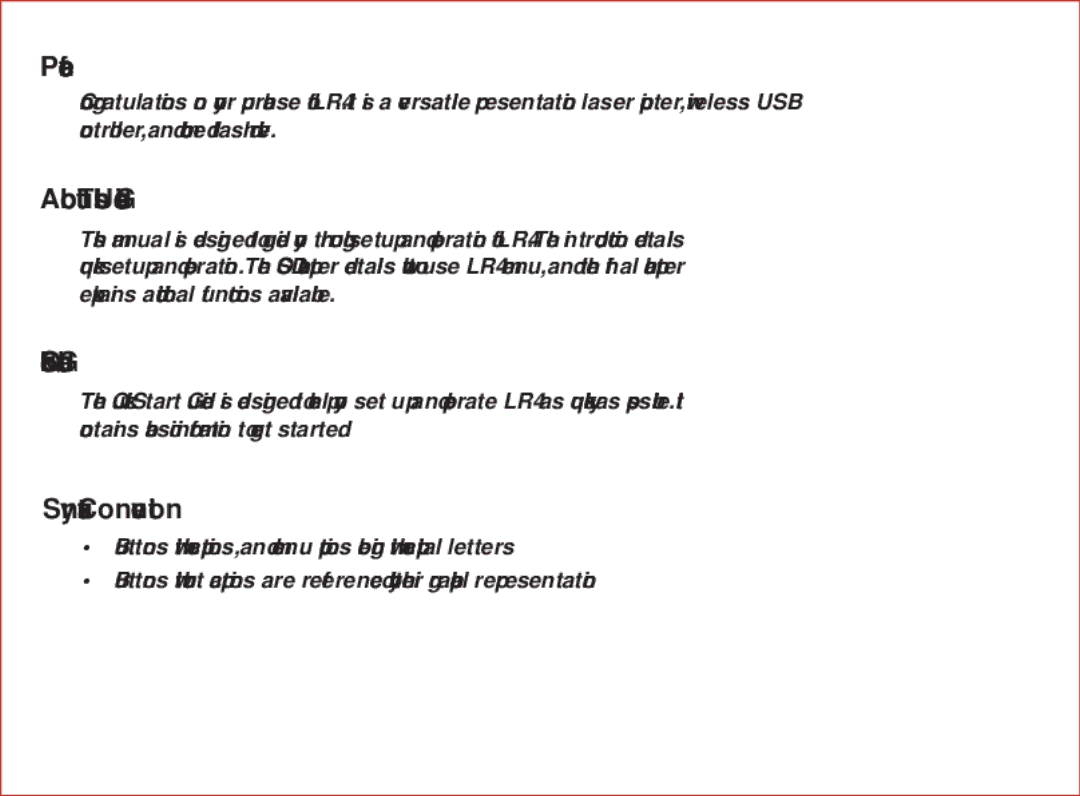 Optoma Technology LR4 user manual Preface, About This User’s Guide, Quick Start Guide, Syntax Convention 