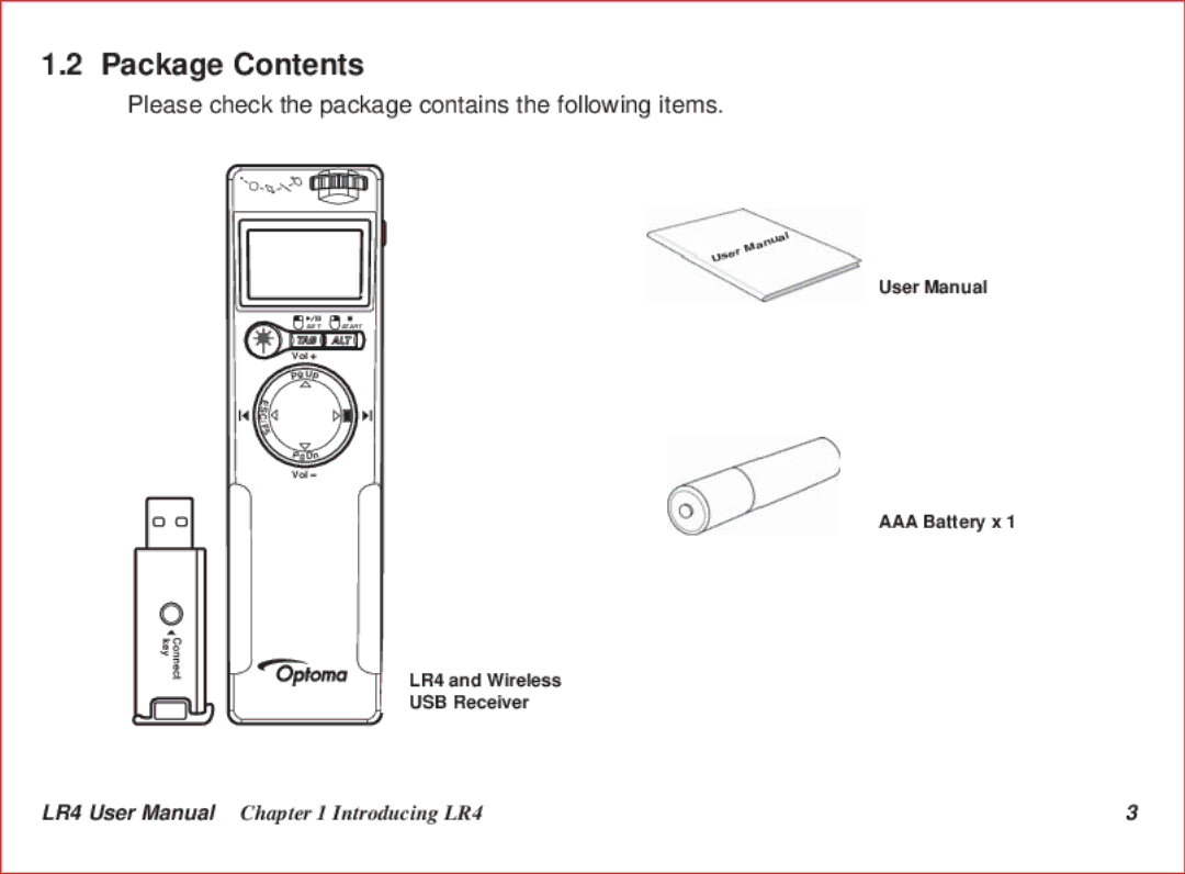 Optoma Technology LR4 user manual Package Contents 