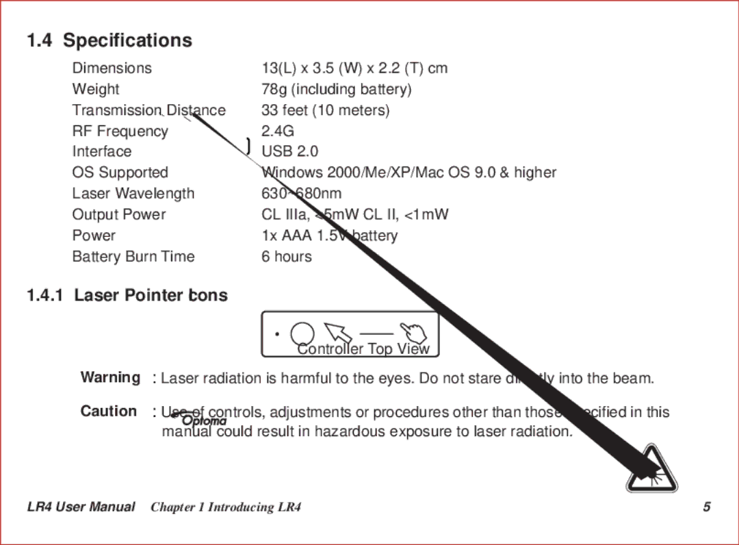 Optoma Technology LR4 user manual Specifications, Laser Pointer Icons 