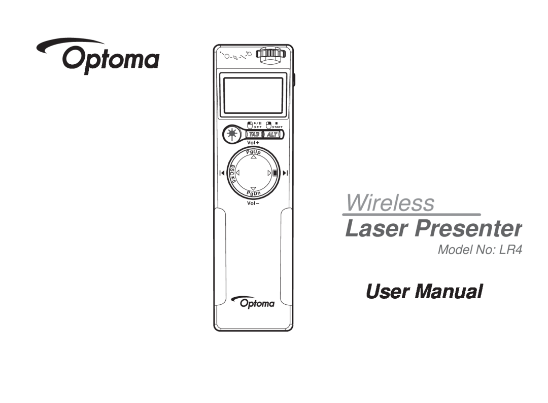 Optoma Technology user manual Wireless, Laser Presenter, User Manual, Model No LR4, S C F, PgUp E, PgDn, S E T, Start 
