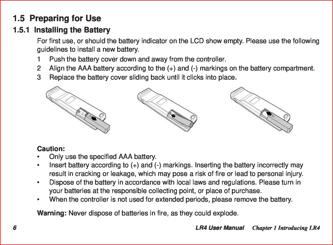 Optoma Technology LR4 user manual Preparing for Use, Installing the Battery 