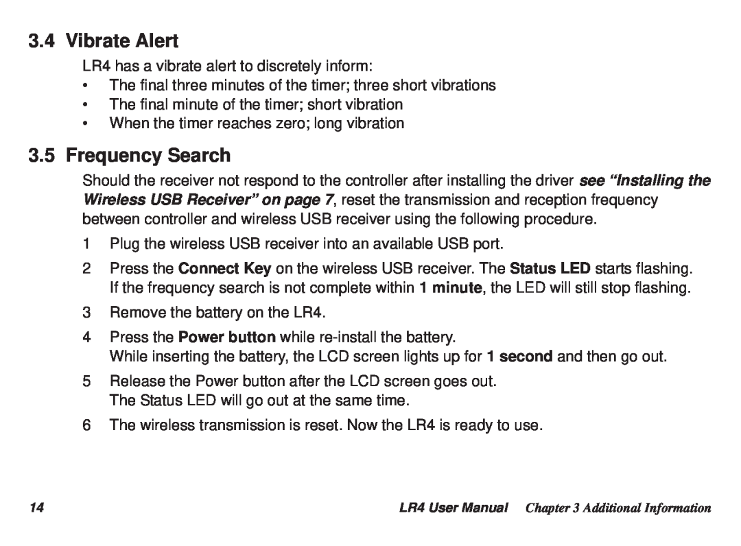 Optoma Technology LR4 user manual Vibrate Alert, Frequency Search 