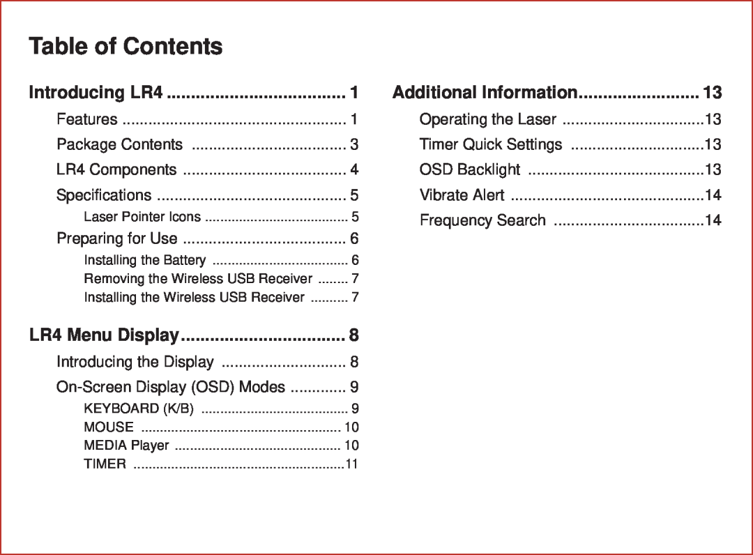 Optoma Technology Table of Contents, Introducing LR4, Additional Information, LR4 Menu Display, Operating the Laser 