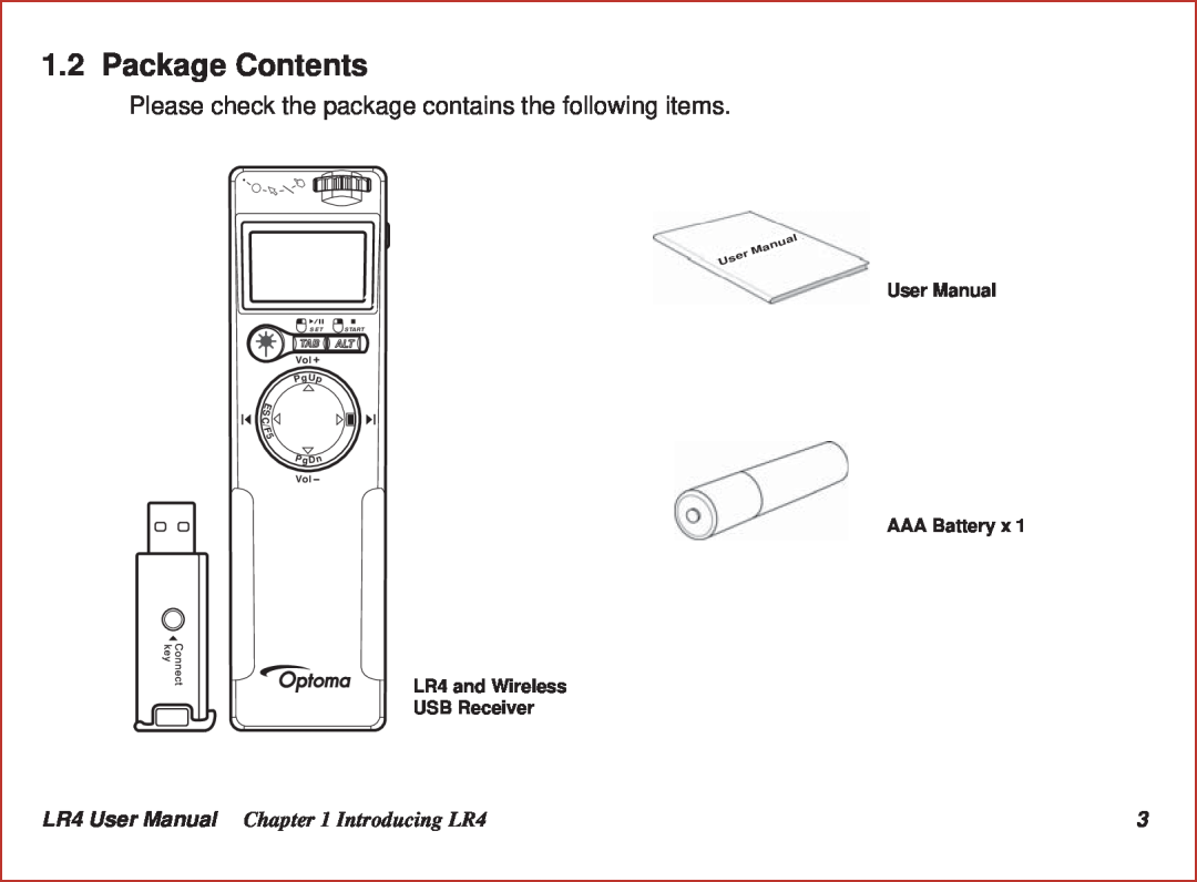 Optoma Technology Package Contents, LR4 User Manual Introducing LR4, AAA Battery x, LR4 and Wireless USB Receiver 