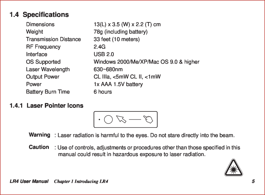 Optoma Technology LR4 user manual Specifications, Laser Pointer Icons 