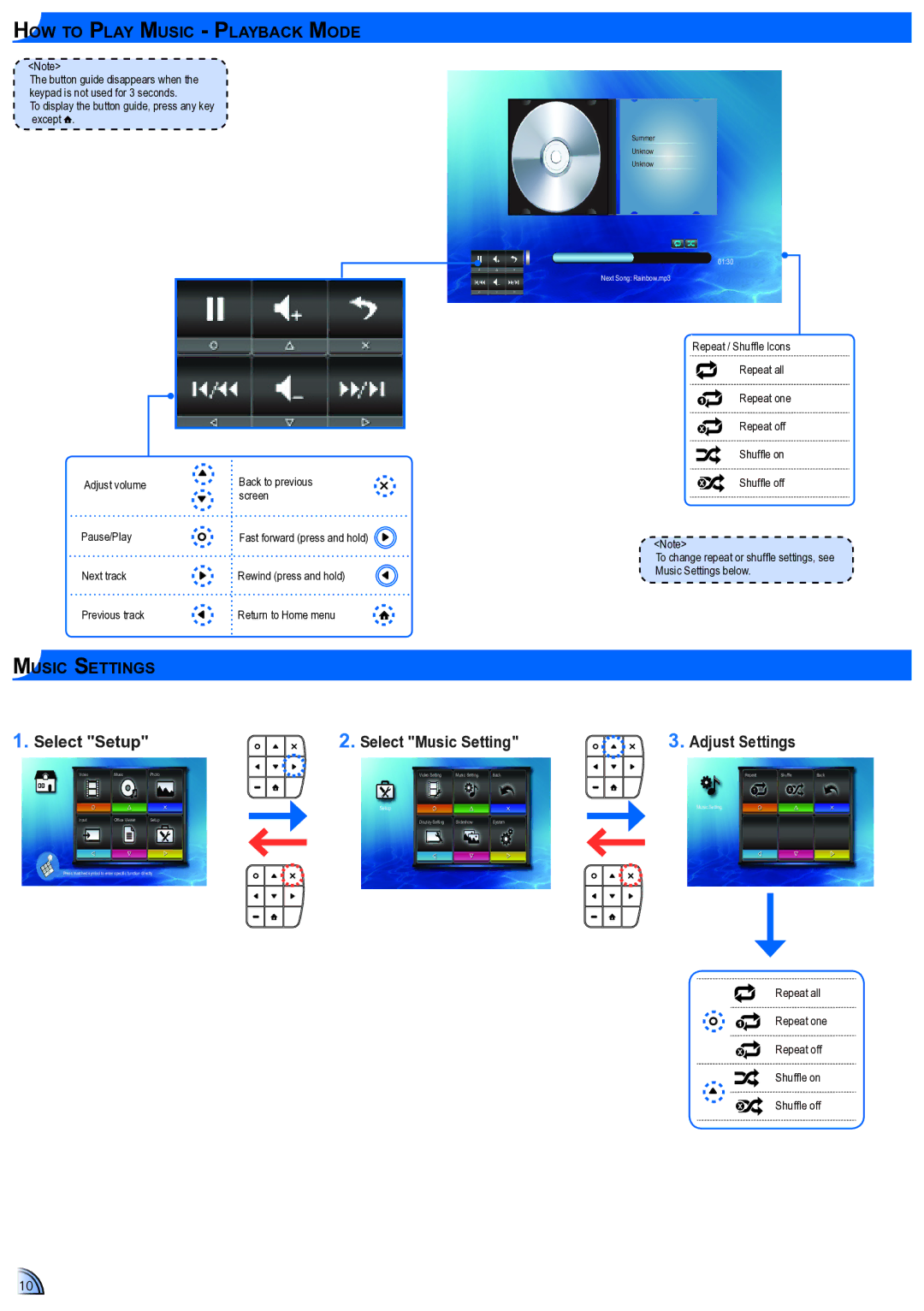 Optoma Technology ML300 user manual How to Play Music Playback Mode, Select Setup 