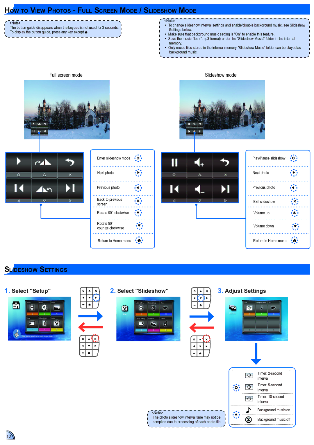 Optoma Technology ML300 user manual Select Setup Select Slideshow, How to View Photos Full Screen Mode / Slideshow Mode 