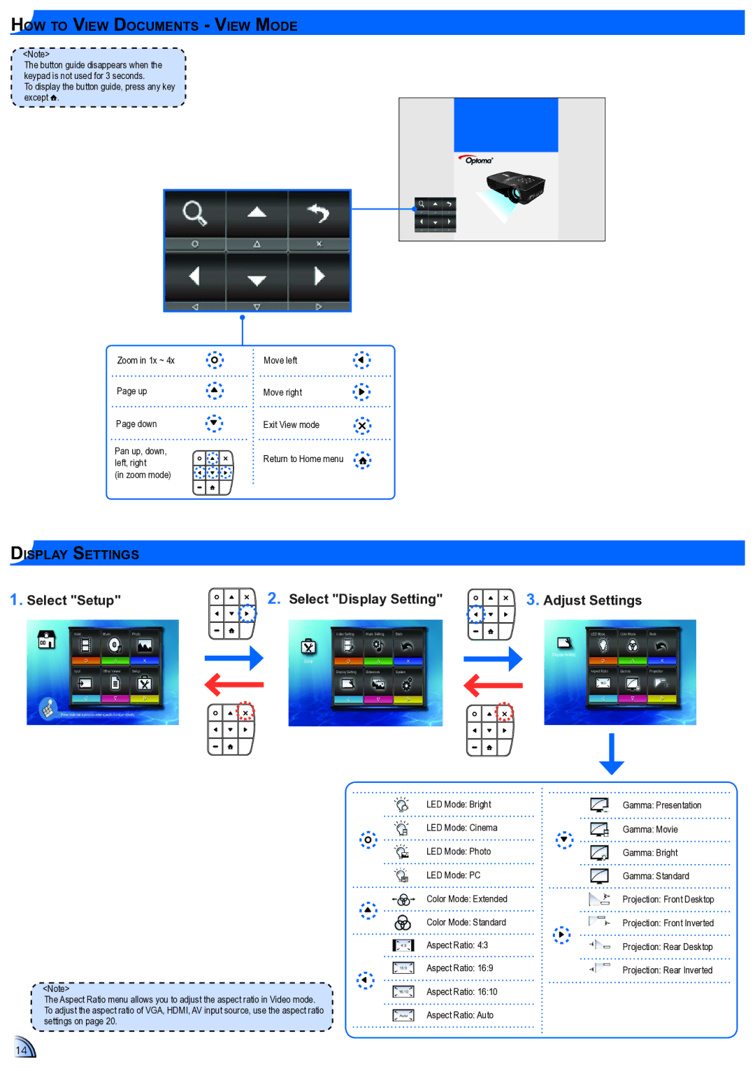 Optoma Technology ML300 user manual Select Display Setting Adjust Settings, How to View Documents View Mode 