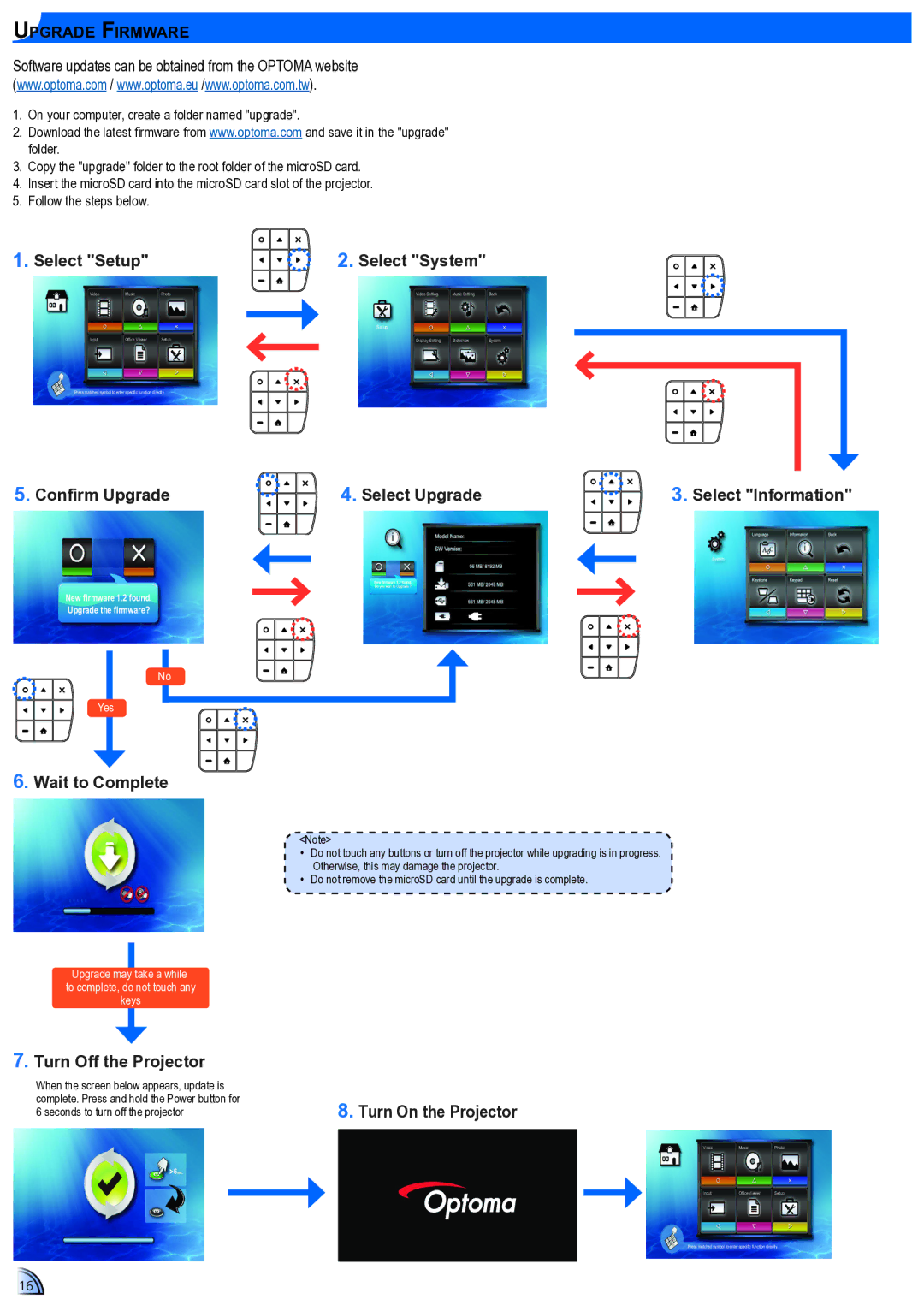 Optoma Technology ML300 user manual Confirm Upgrade, Wait to Complete, Turn Off the Projector, Turn On the Projector 