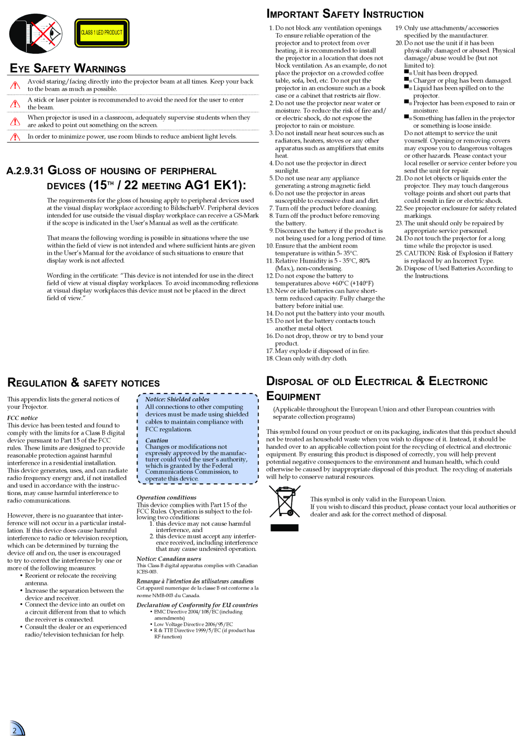 Optoma Technology ML300 user manual Important Safety Instruction, Eye Safety Warnings, Quipment 