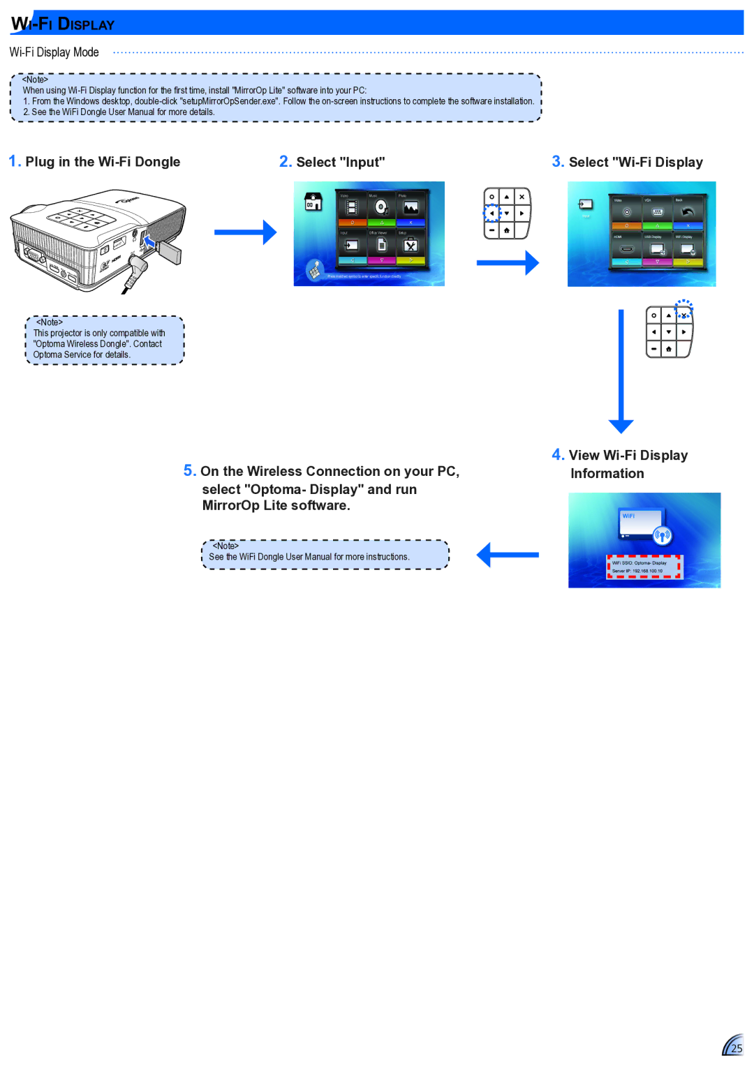 Optoma Technology ML300 user manual Plug in the Wi-Fi Dongle, Wi-Fi Display Mode, Select Wi-Fi Display 