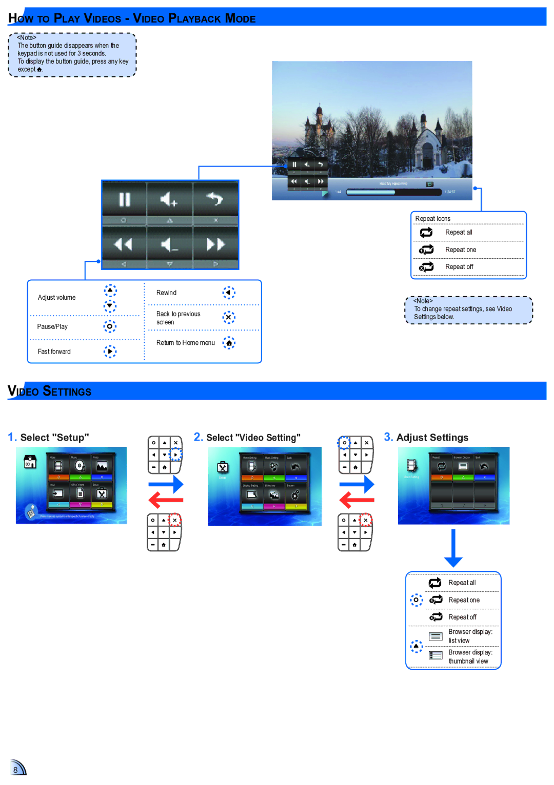 Optoma Technology ML300 user manual Select Setup, Adjust Settings, How to Play Videos Video Playback Mode 