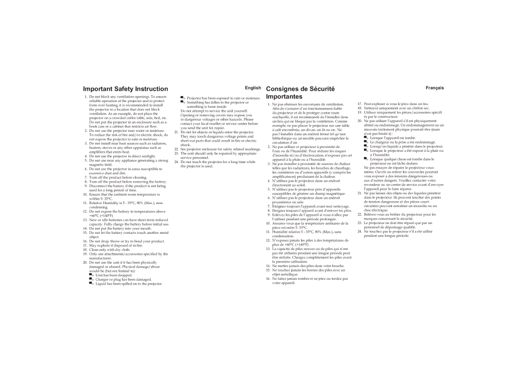 Optoma Technology PK-101 manual Important Safety Instruction 