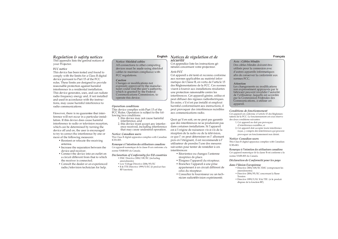 Optoma Technology PK-101 manual FCC notice, Operation conditions, Declaration of Conformity for EU countries, Avis FCC 