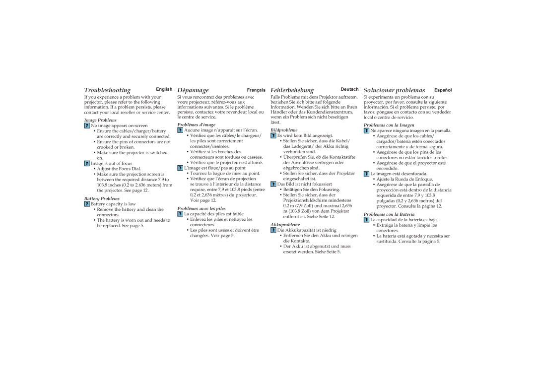 Optoma Technology PK100 manual Image Problems, Battery Problems, Problèmes d’image, Problèmes avec les piles, Bildprobleme 