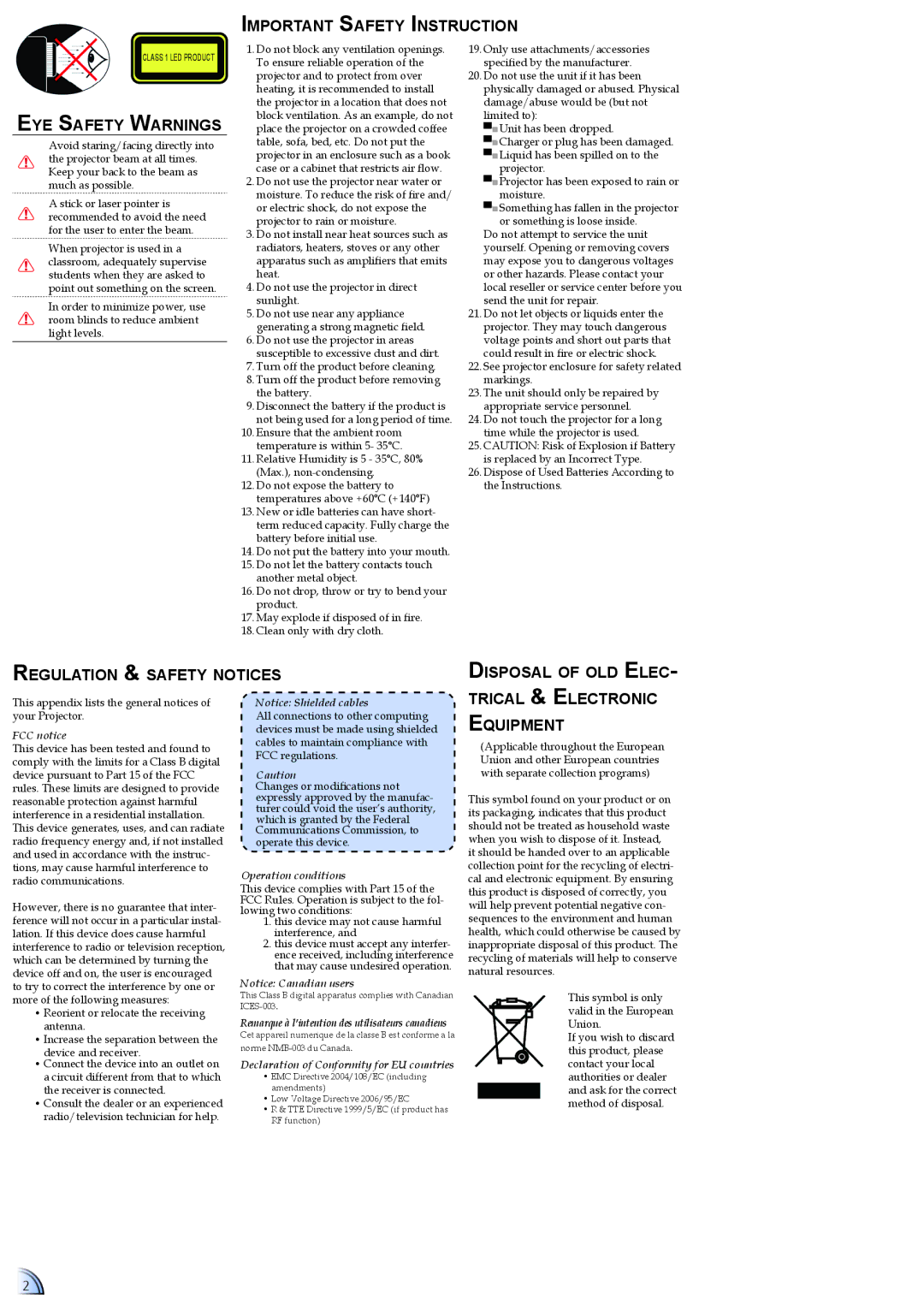 Optoma Technology PK102 manual Important Safety Instruction, Eye Safety Warnings, Trical lectronic Equipment 