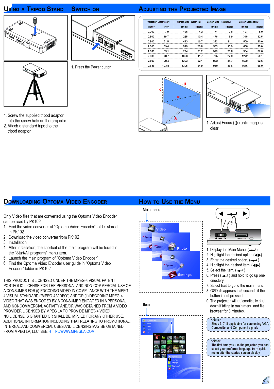 Optoma Technology PK102 manual Using a Tripod Stand, Switch on Adjusting the Projected Image, Adjust Focus  until image is 