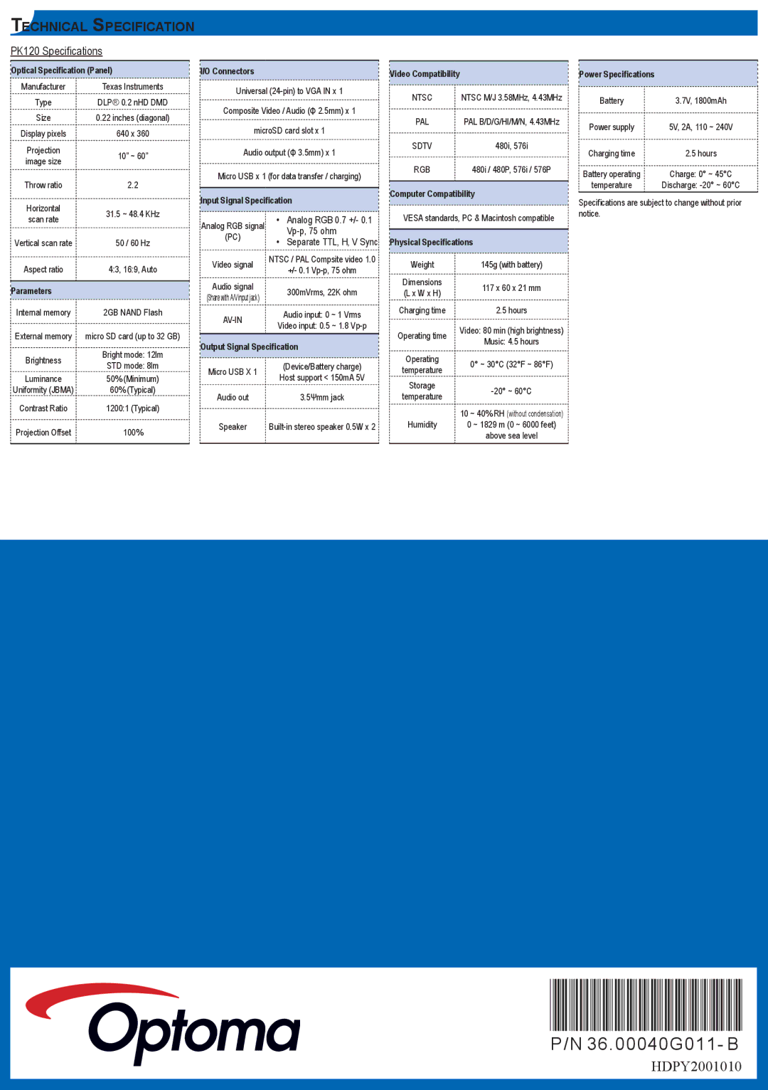 Optoma Technology manual Technical Specification, PK120 Specifications 