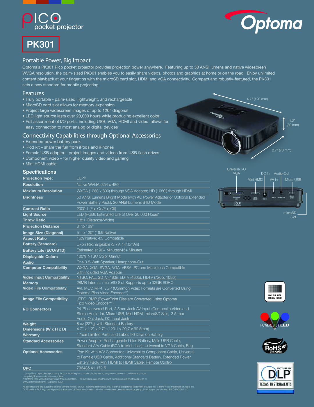 Optoma Technology PK301 specifications Portable Power, Big Impact, Features, Specifications 