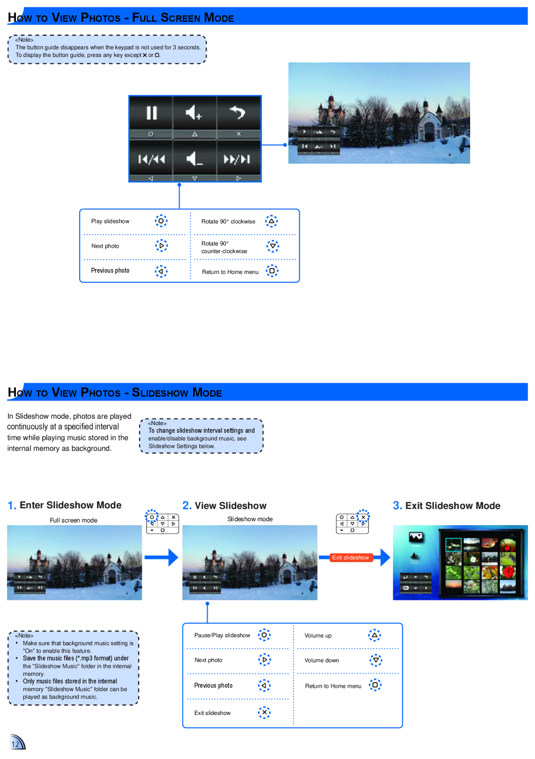 Optoma Technology PK320 Enter Slideshow Mode View Slideshow, How to View Photos Full Screen Mode, Exit Slideshow Mode 