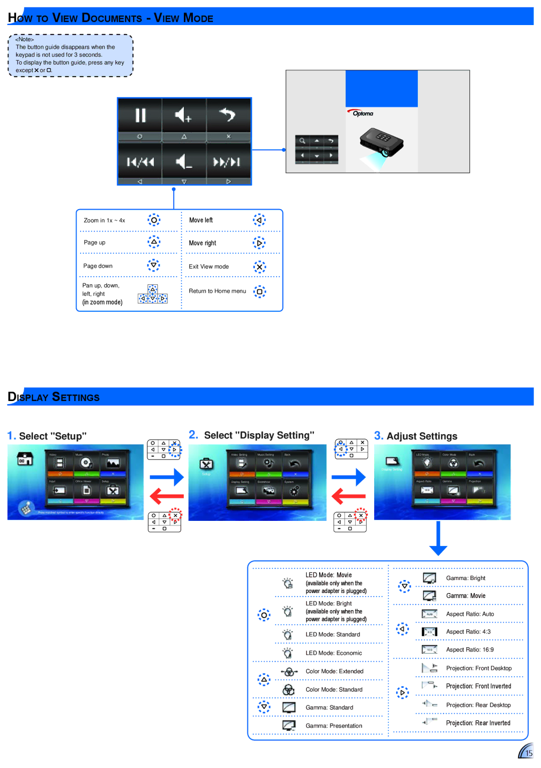 Optoma Technology PK320 user manual Select Setup Select Display Setting Adjust Settings, How to View Documents View Mode 