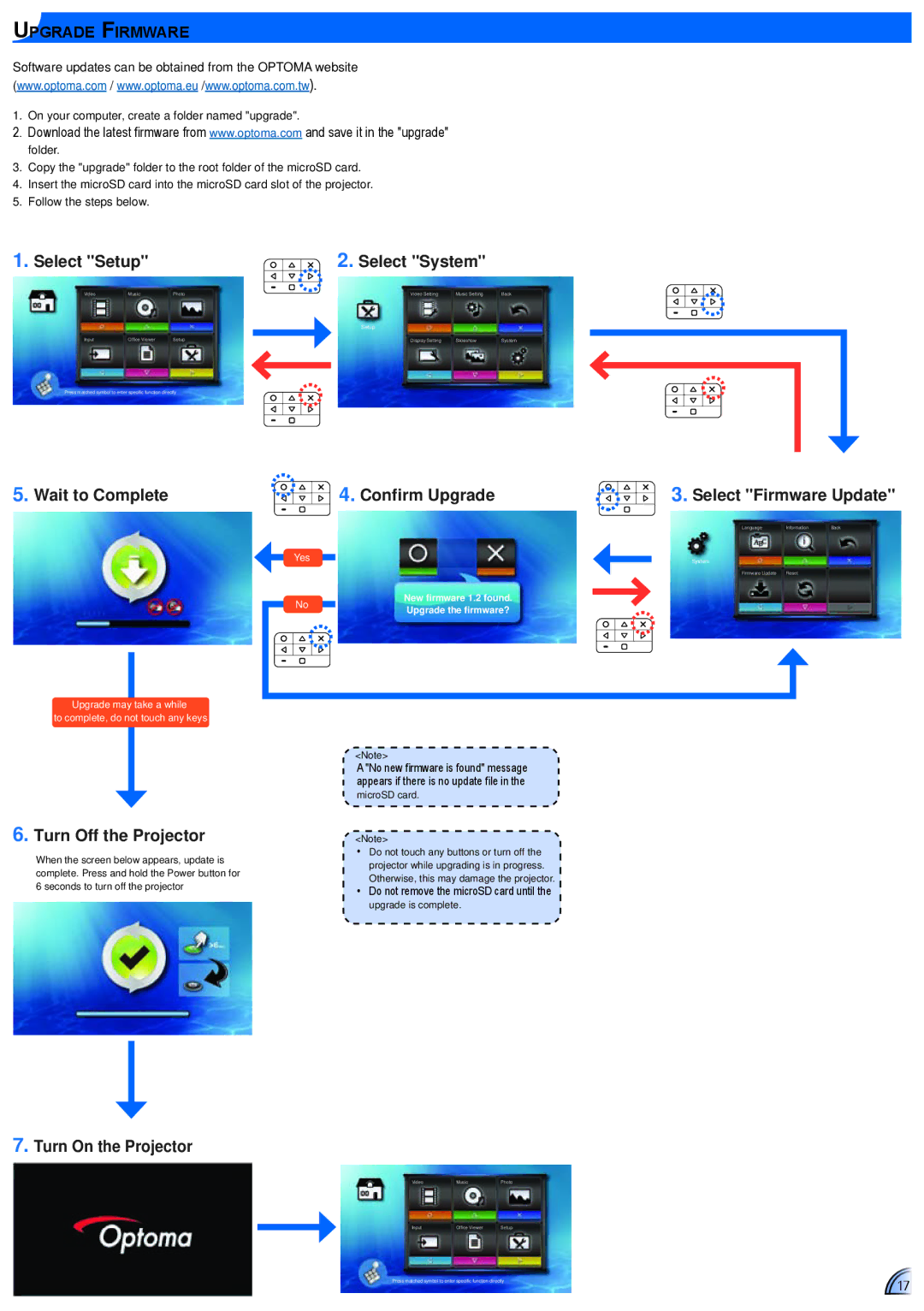 Optoma Technology PK320 user manual Wait to Complete, Turn Off the Projector, Confirm Upgrade, Turn On the Projector 