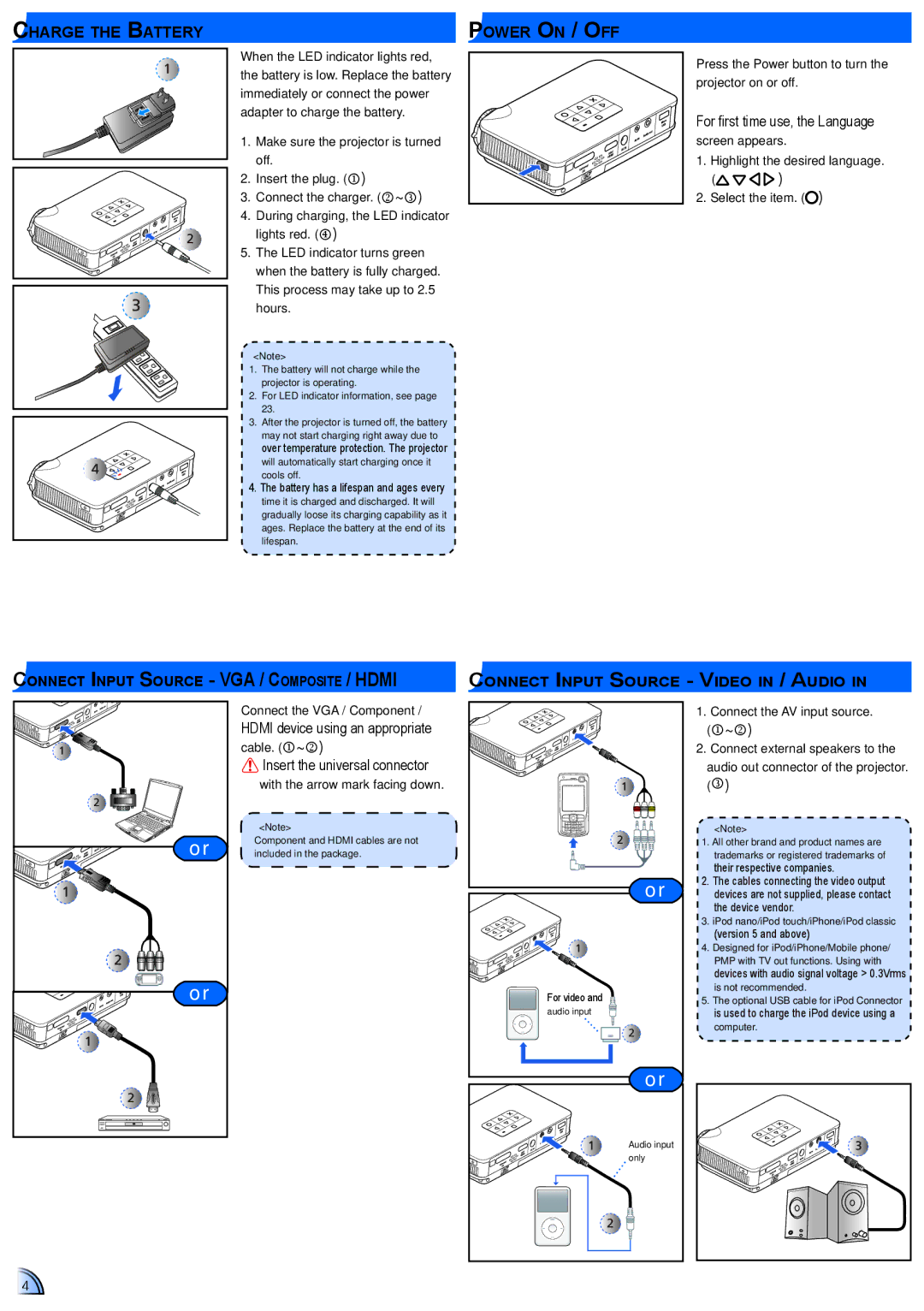 Optoma Technology PK320 user manual Charge the Battery, Power On / Off 