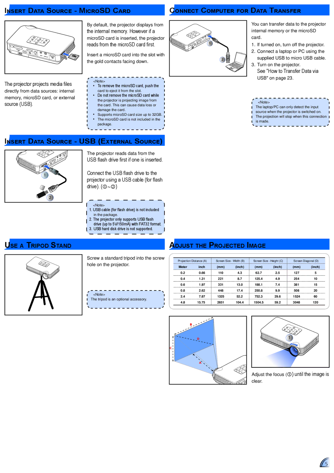 Optoma Technology PK320 Use a Tripod Stand, Adjust the Projected Image, Adjust the focus  until the image is clear 