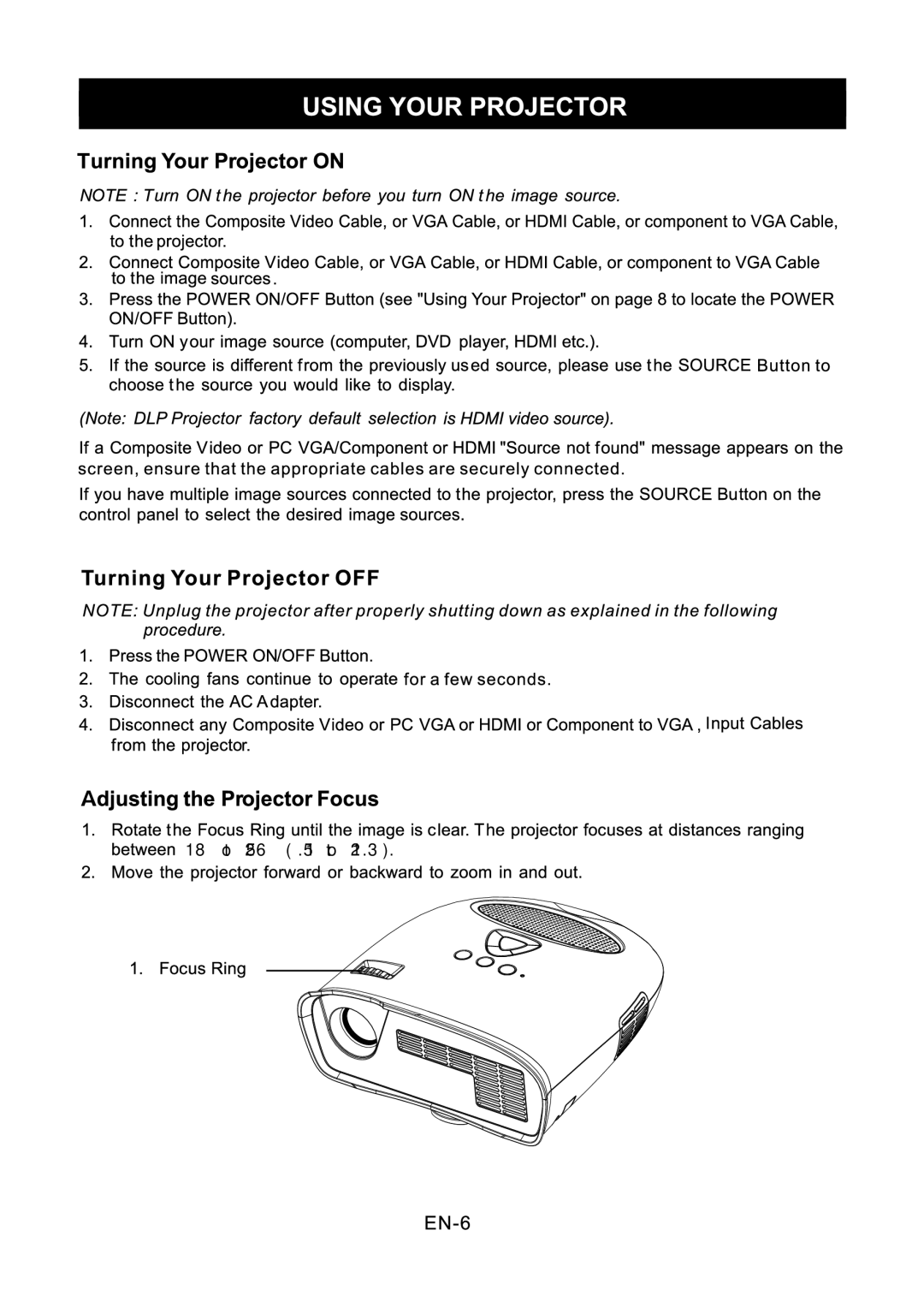 Optoma Technology PT110 manual 18 to 256 1.5’ to 21.3’ 