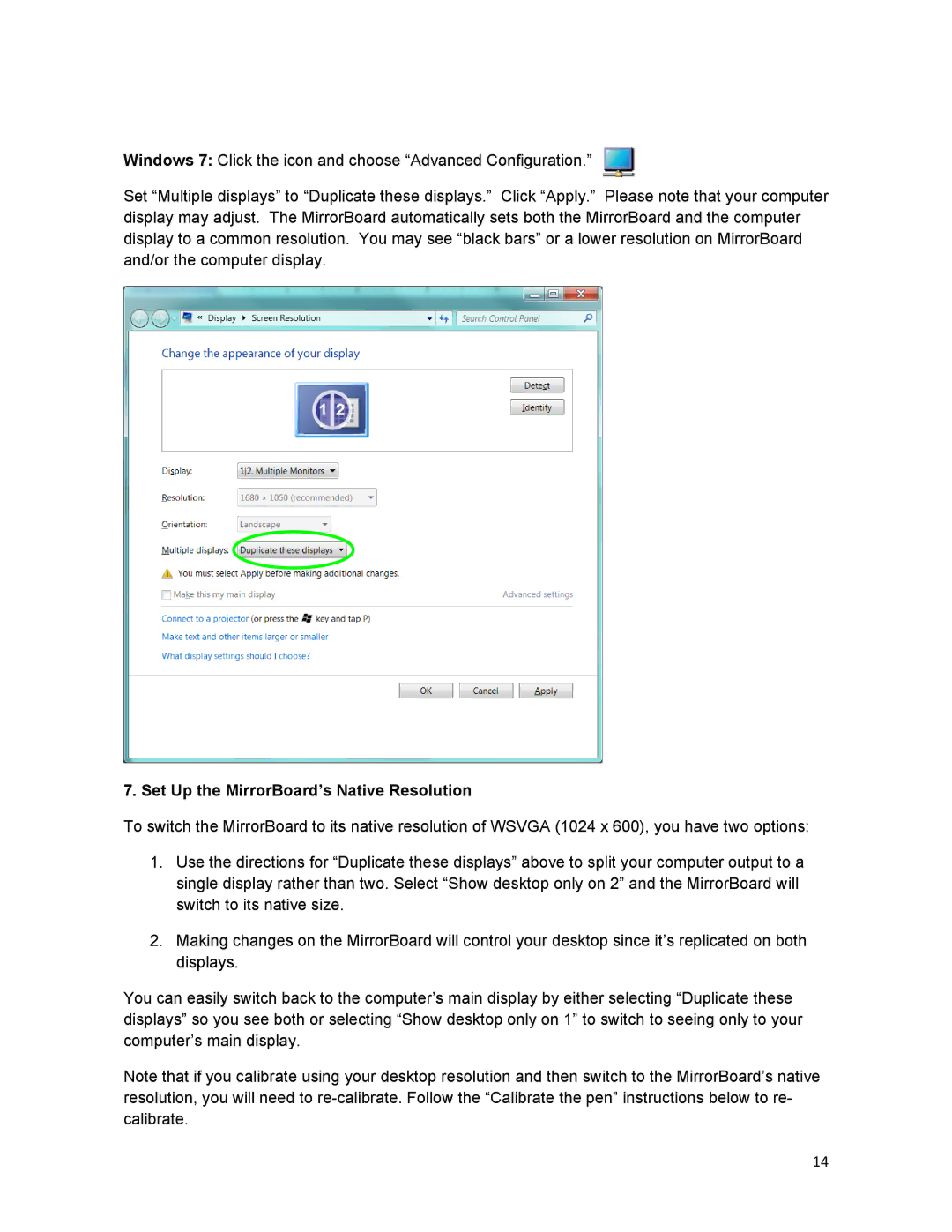 Optoma Technology Q300 manual Set Up the MirrorBoard’s Native Resolution 