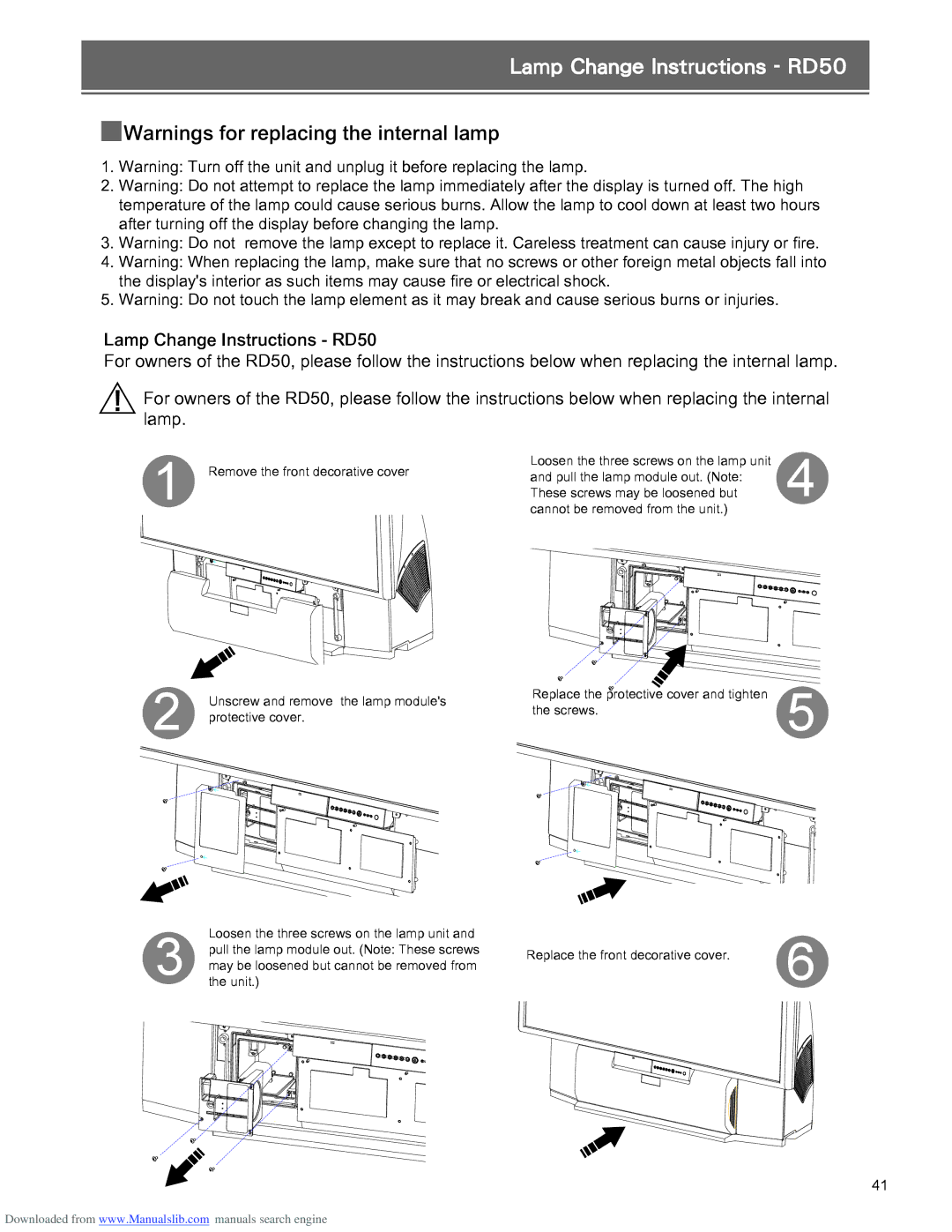 Optoma Technology RD65 manual Lamp Change Instructions RD50 