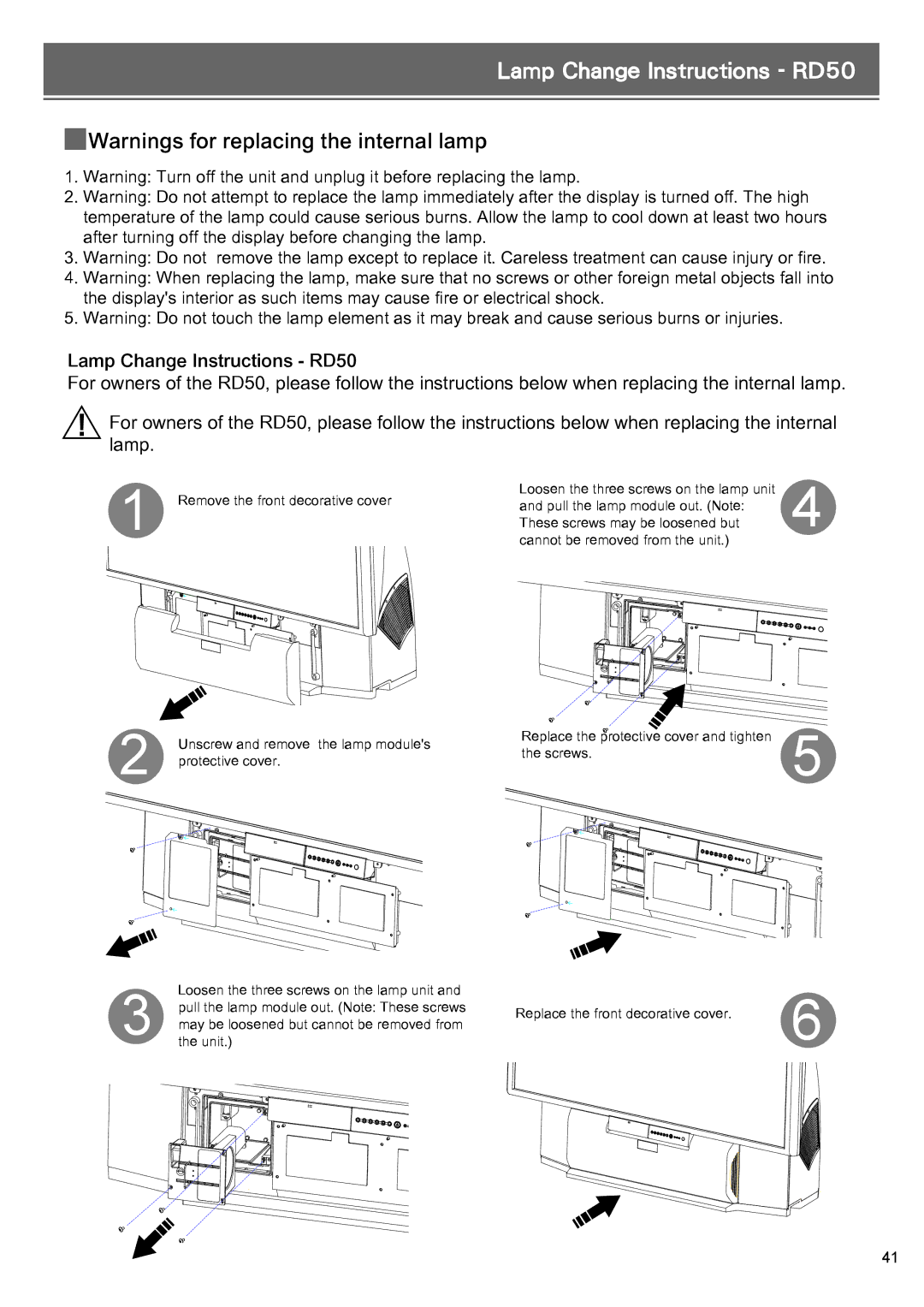 Optoma Technology RD65 owner manual Lamp Change Instructions RD50 