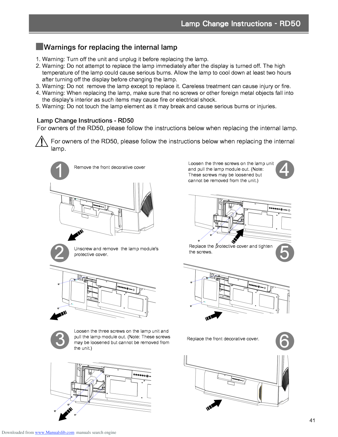Optoma Technology RD65 manual Lamp Change Instructions - RD50, Warnings for replacing the internal lamp 