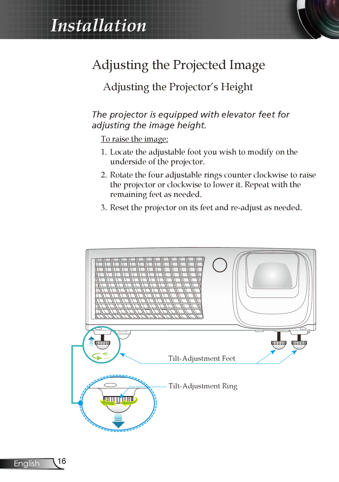 Optoma Technology RMC-25key manual Adjusting the Projected Image, Adjusting the Projector’s Height 