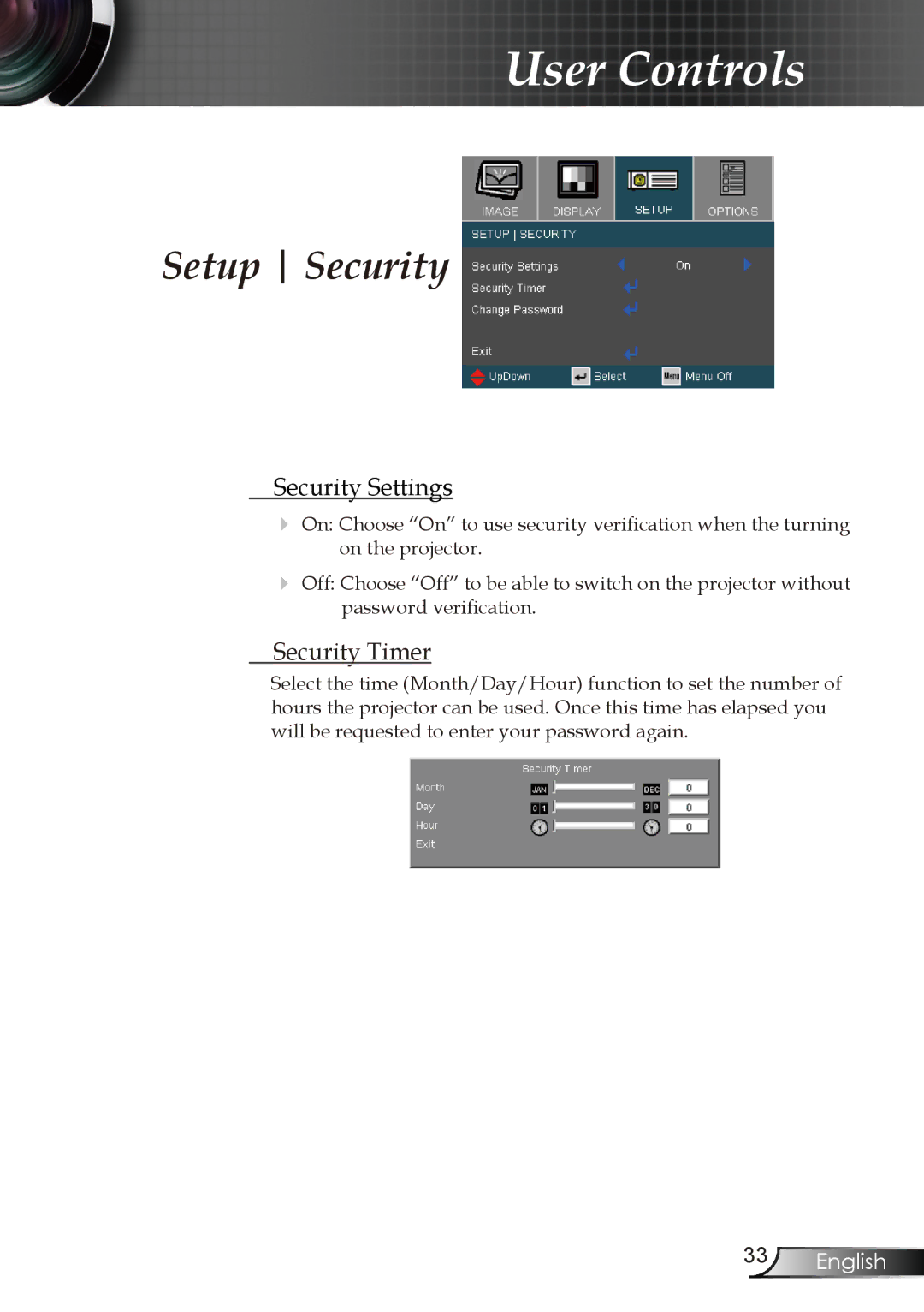 Optoma Technology RMC-25key manual Setup Security, Security Settings, Security Timer 