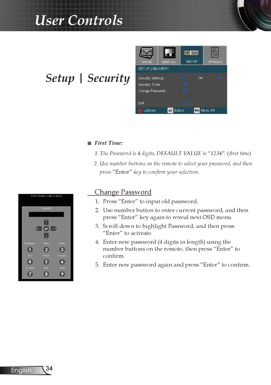 Optoma Technology RMC-25key manual Change Password, First Time 