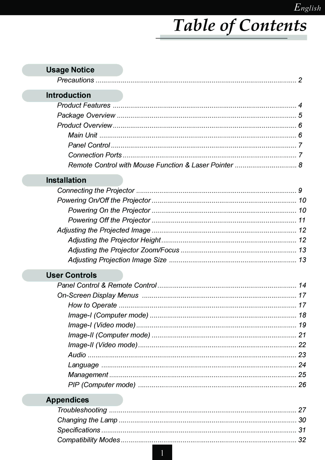 Optoma Technology Single Chip DLP Projector specifications Table of Contents 