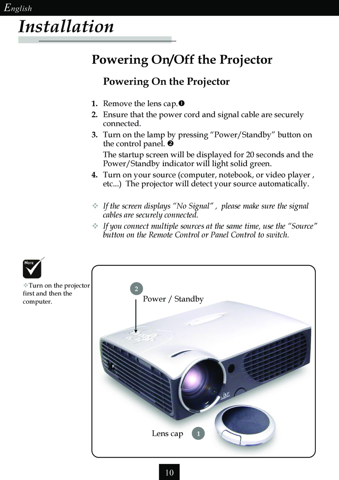 Optoma Technology Single Chip DLP Projector specifications Powering On/Off the Projector, Powering On the Projector 