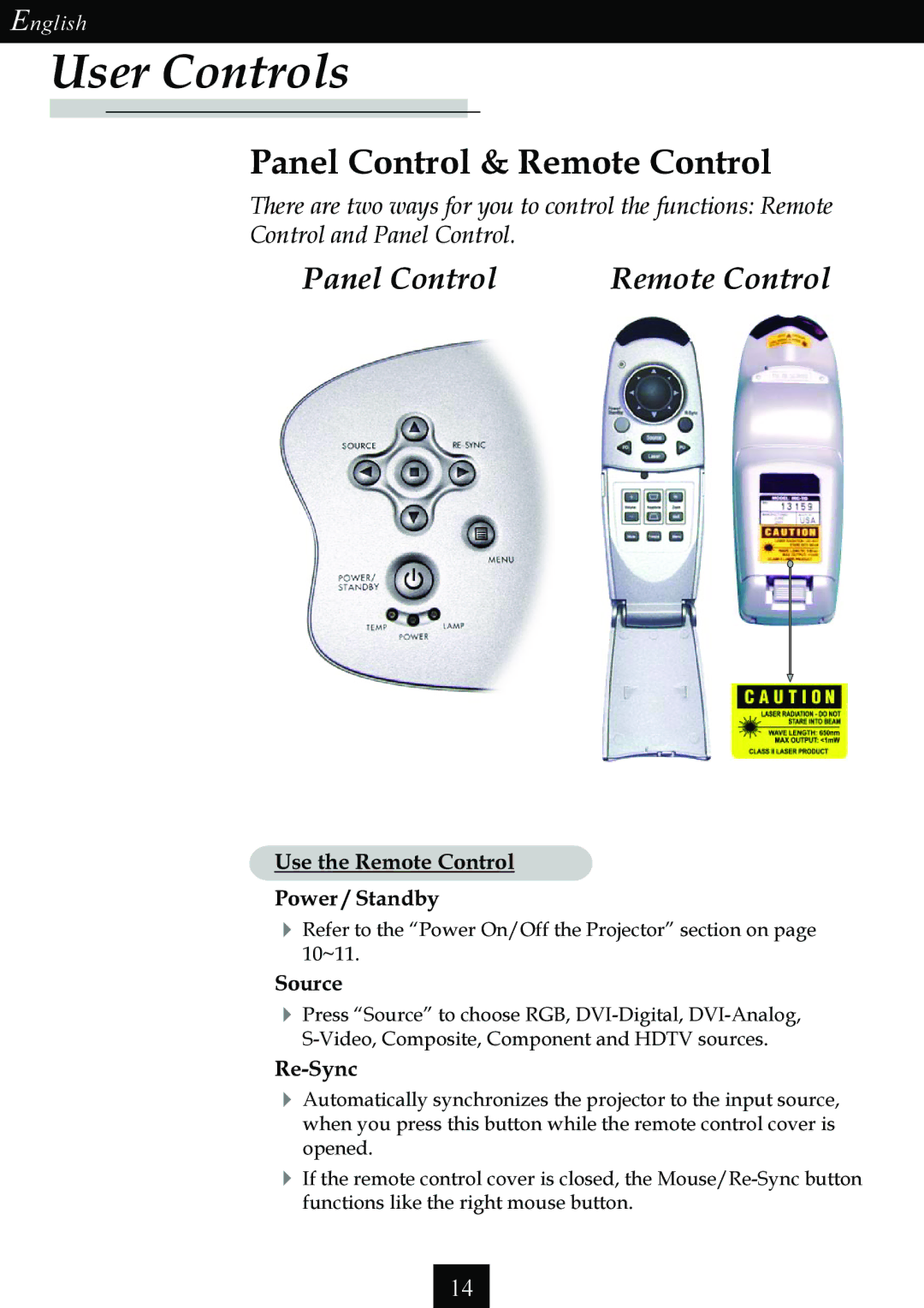 Optoma Technology Single Chip DLP Projector specifications User Controls, Panel Control & Remote Control 