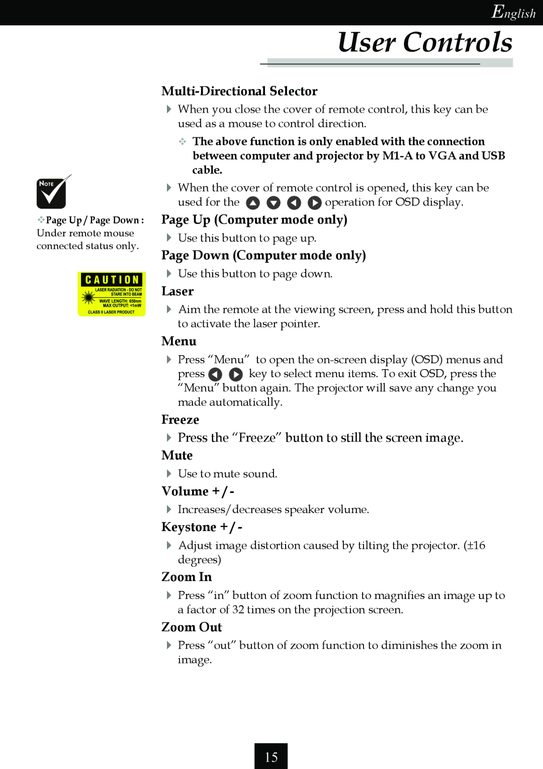 Optoma Technology Single Chip DLP Projector specifications User Controls 