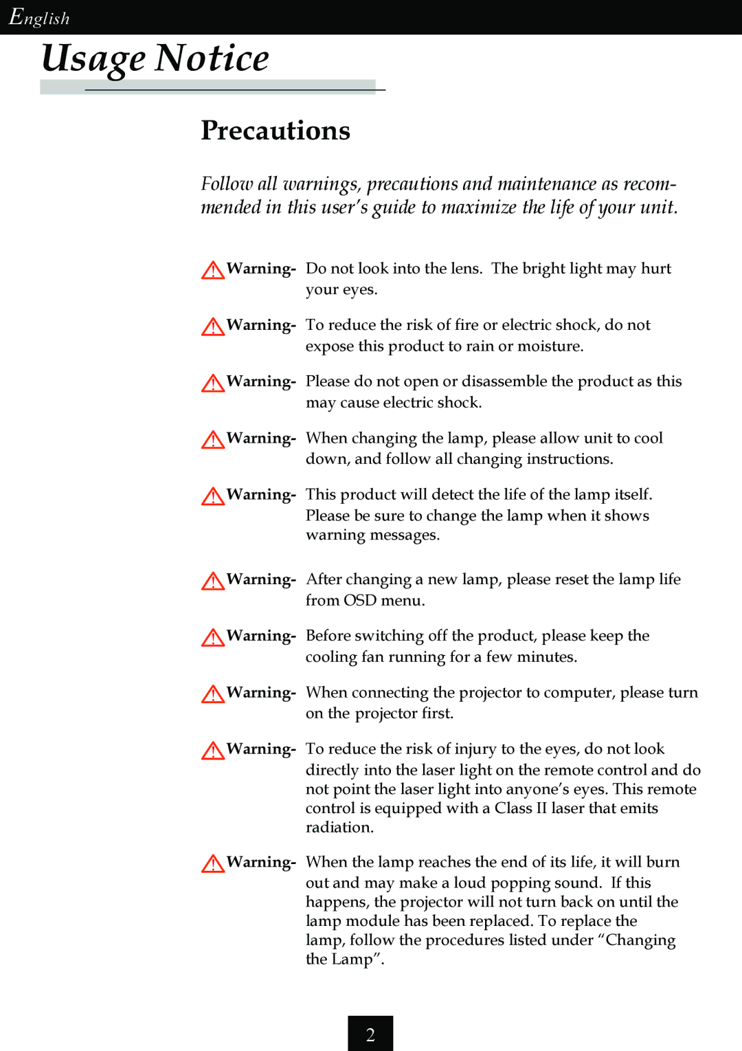 Optoma Technology Single Chip DLP Projector specifications Usage Notice, Precautions 