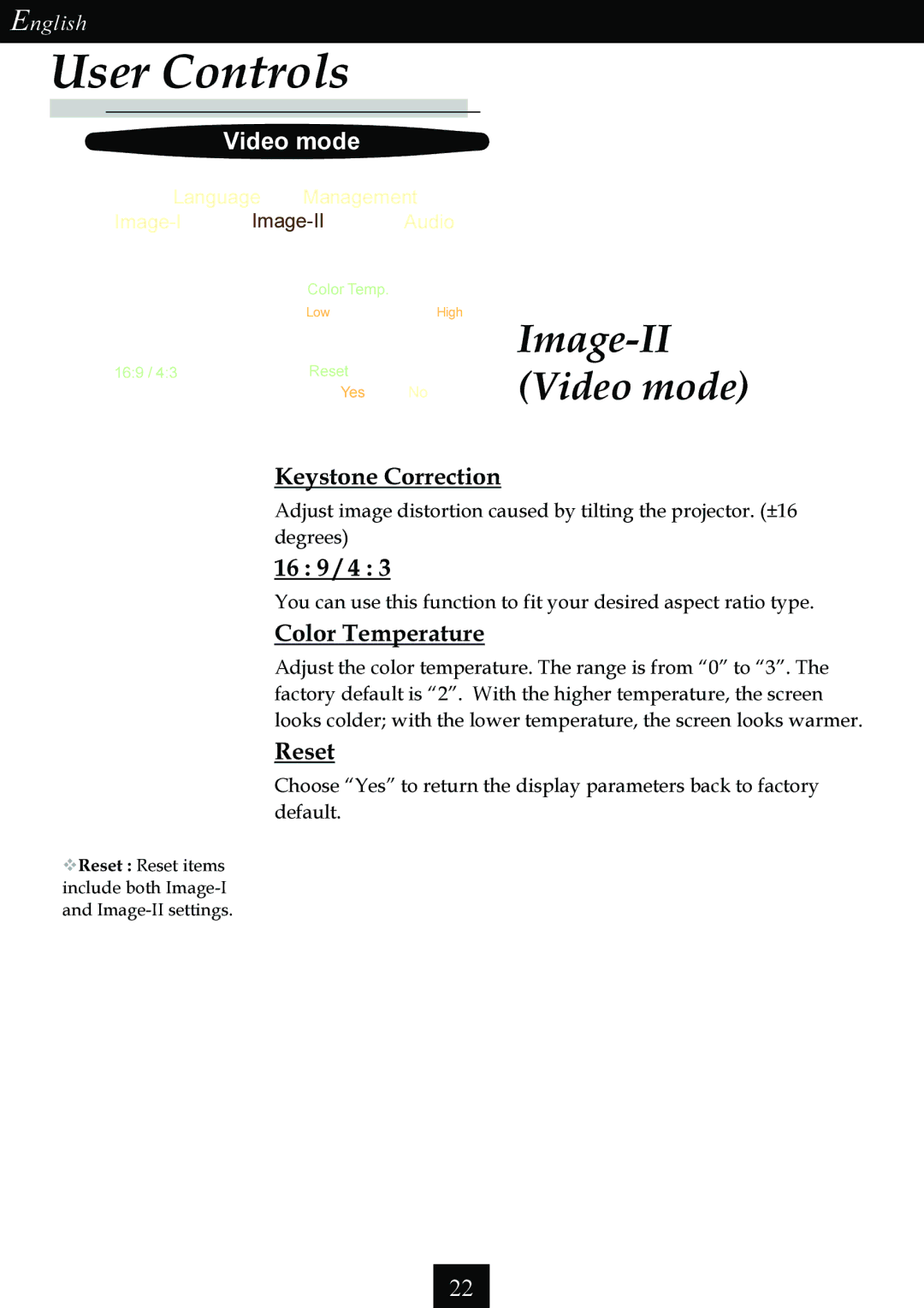 Optoma Technology Single Chip DLP Projector Image-II Video mode, Keystone Correction, Color Temperature, Reset 