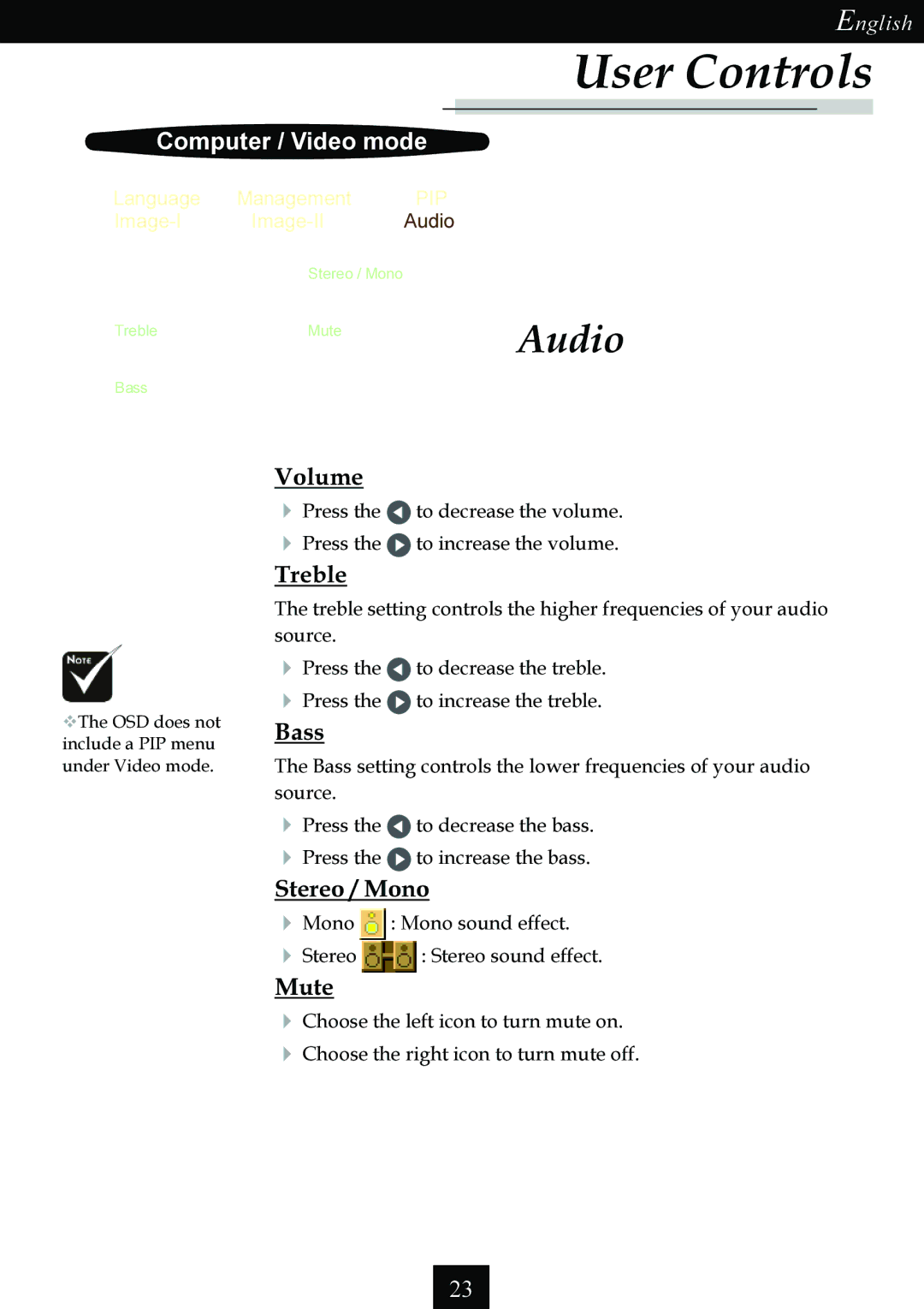 Optoma Technology Single Chip DLP Projector specifications Audio, Volume 