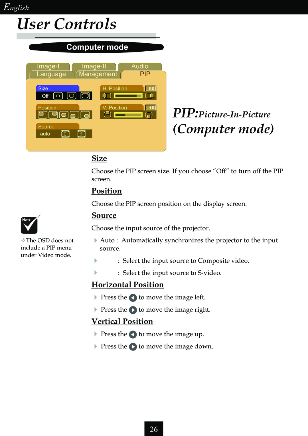 Optoma Technology Single Chip DLP Projector specifications Computer mode, Size, Source, Vertical Position 