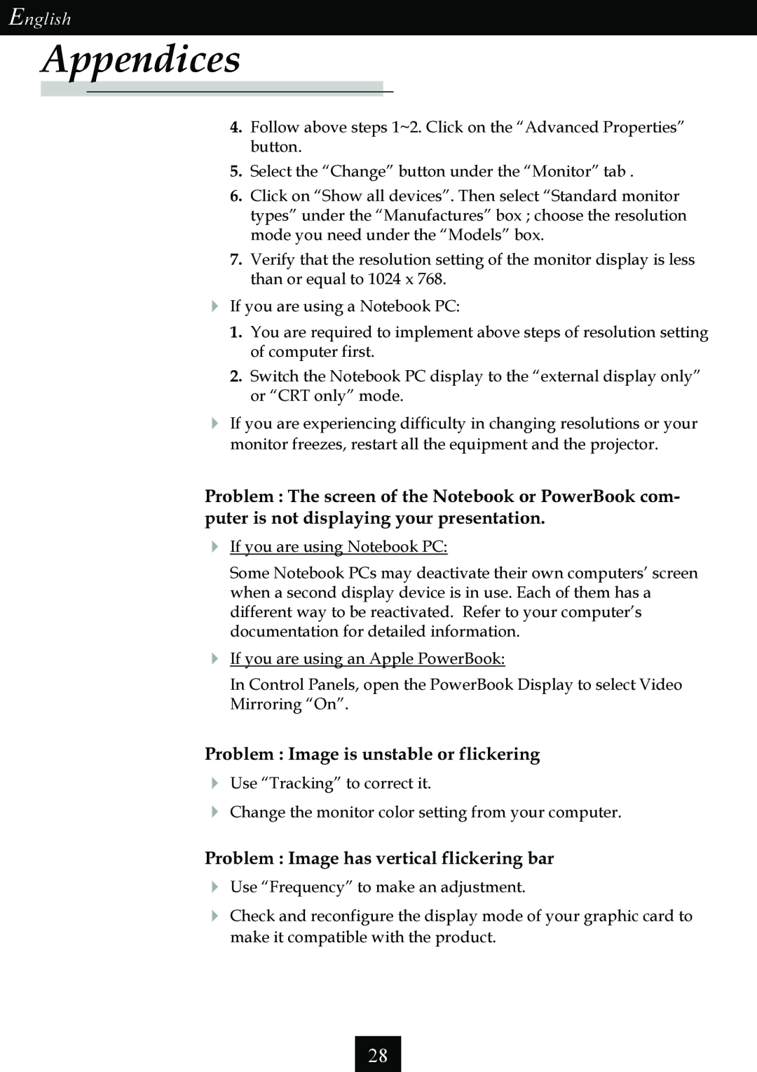 Optoma Technology Single Chip DLP Projector specifications Problem Image is unstable or flickering 