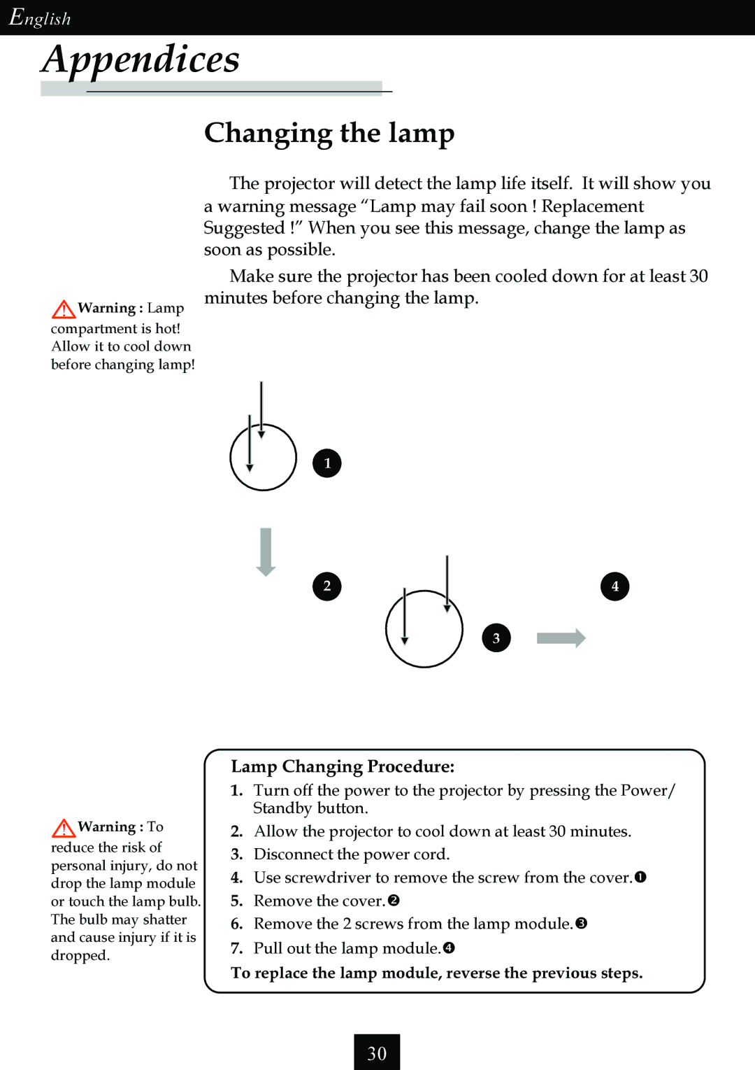 Optoma Technology Single Chip DLP Projector specifications Changing the lamp 