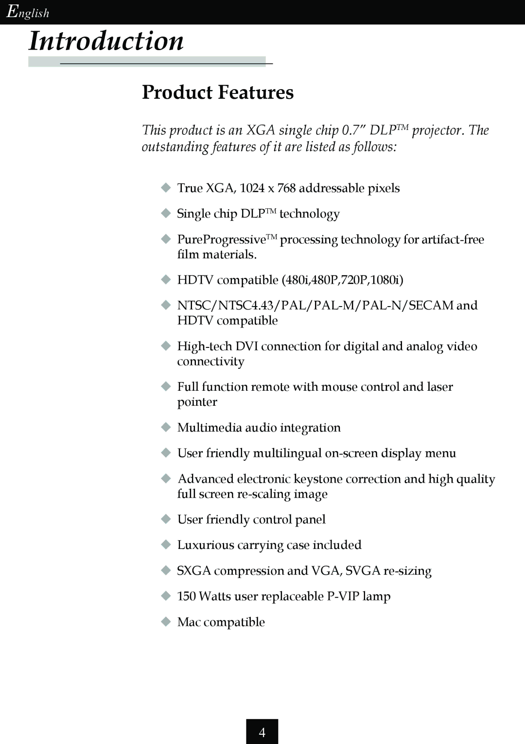 Optoma Technology Single Chip DLP Projector specifications Introduction 